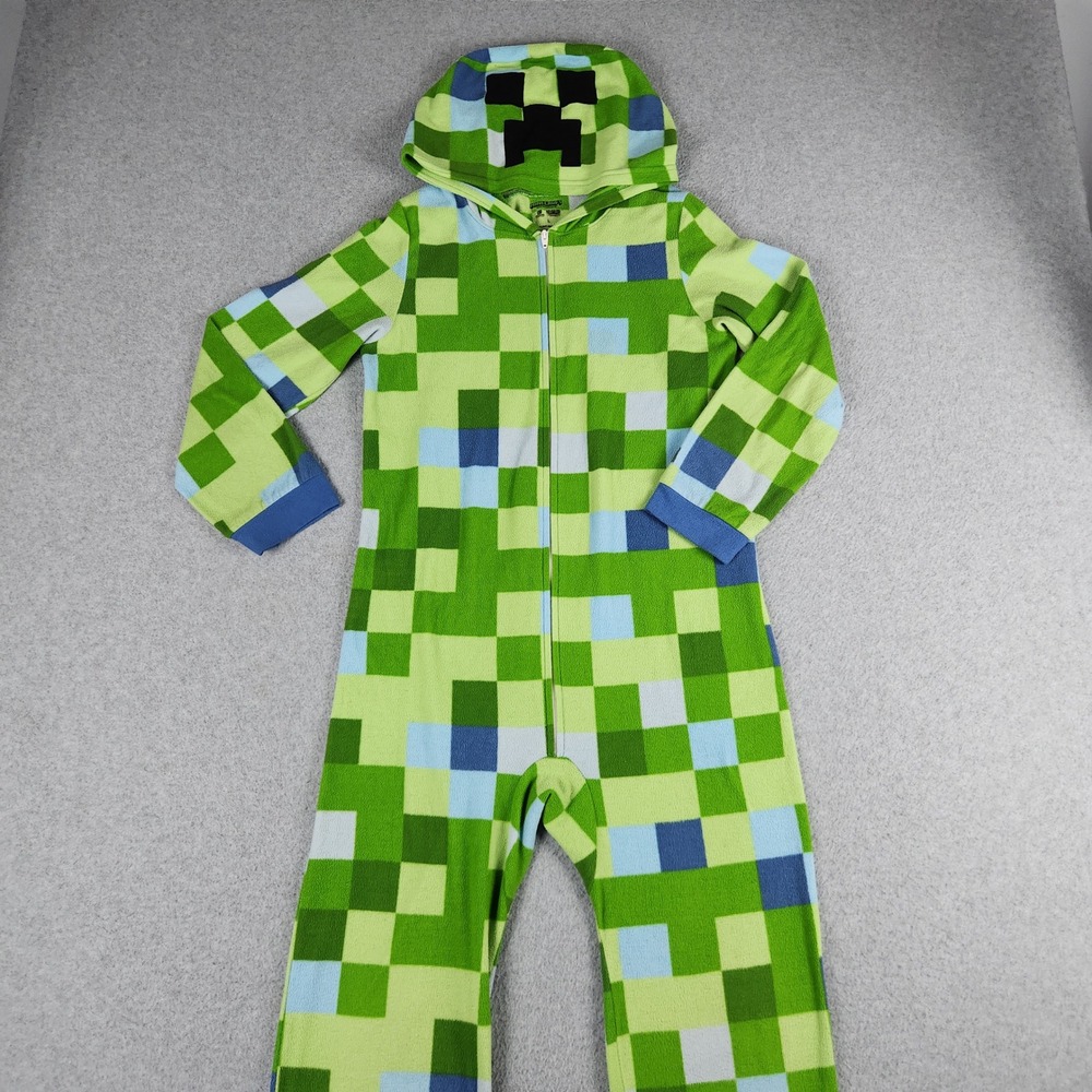 Minecraft Pajamas Union Suit Youth L Green Fleece Creeper Hooded Flame Resistant
